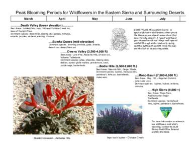 Peak Blooming Periods for Wildflowers in the Eastern Sierra and Surrounding Deserts March April  May