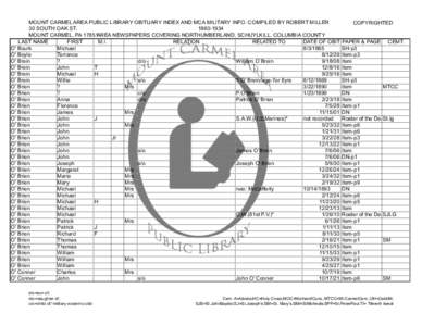 MOUNT CARMEL AREA PUBLIC LIBRARY OBITUARY INDEX AND MCA MILITARY INFO. COMPILED BY ROBERT MILLER COPYRIGHTED 30 SOUTH OAK ST[removed]MOUNT CARMEL, PA 17851AREA NEWSPAPERS COVERING NORTHUMBERLAND, SCHUYLKILL, COLUMBIA 