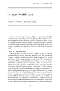 The WAC Journal, Vol. 13: JuneStrange Resistances Patricia Donahue, Lafayette College