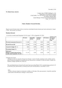 November 4, 2014  To whom it may concern: Company name: SCREEN Holdings Co., Ltd. Representative: Eiji Kakiuchi, President (Code Number: 7735, First Section of Tokyo Stock Exchange)