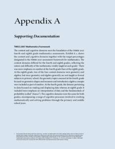 Appendix A Supporting Documentation TIMSS 2007 Mathematics Framework The content and cognitive domains were the foundation of the TIMSS 2007 fourth and eighth grade mathematics assessments. Exhibit A.1, shows