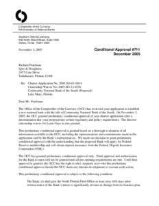 O Comptroller of the Currency Administrator of National Banks Southern District Licensing 500 North Akard Street, Suite 1600 Dallas, Texas[removed]