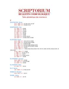Table alphabétique des recenseurs E EASTWOOD, Bruce XLIV • 1990 • n° 2 : B 726, B 751, B 767 XLVI • 1992 • n° 2 : B 264, B 744
