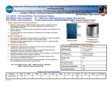 Comparison of Structure and Segregation in Alloys Directionally Solidified in Terrestrial and Microgravity Environments (CSS) Microstructure Formation in Castings of Technical Alloys under Diffusive and Magnetically-Cont