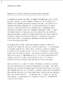 COMMUNIQUE DE PRESSE  Fondation de l a societe f a i t i e r e suisse des scienes techniques En presence de Monsieur l e c o n s e i l l e r federal Hans Hürlimann, dans l a s a l l e du conseil national du palais feder