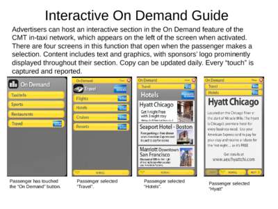 Interactive On Demand Guide Advertisers can host an interactive section in the On Demand feature of the CMT in-taxi network, which appears on the left of the screen when activated. There are four screens in this function