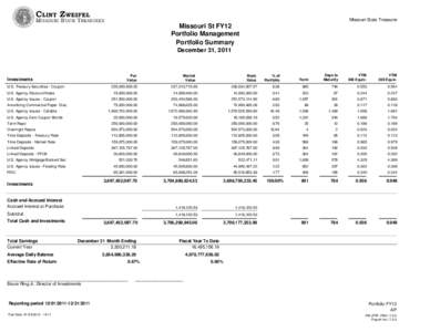 Missouri State Treasurer  Missouri St FY12 Portfolio Management Portfolio Summary December 31, 2011