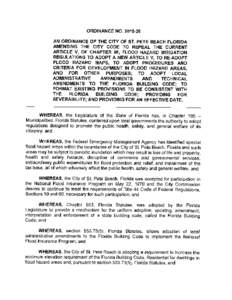ORDINANCE NOAN ORDINANCE OF THE CITY OF ST. PETE BEACH FLORIDA AMENDING THE CITY CODE TO REPEAL THE CURRENT ARTICLE V, OF CHAPTER 98, FLOOD HAZARD MITIGATION REGULATIONS TO ADOPT A NEW ARTICLE V, TO RE-ADOPT FL