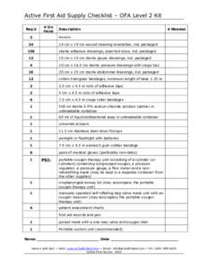 Active First Aid Supply Checklist – OFA Level 2 Kit Req’d # On Hand