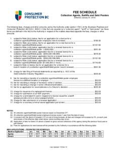 FEE SCHEDULE Collection Agents, Bailiffs and Debt Poolers (Effective January 01, 2014) The following fees, charges and other amounts, set by the Authority under section[removed]of the Business Practices and Consumer Prote