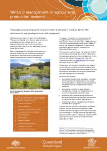 Wetland management in agricultural production systems This project aims to enhance the long-term health of wetlands in the Great Barrier Reef catchments through good agricultural land management. Wetlands are an importan