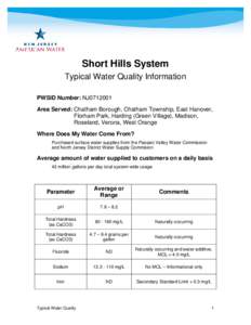 Short Hills System Typical Water Quality Information PWSID Number: NJ0712001 Area Served: Chatham Borough, Chatham Township, East Hanover, Florham Park, Harding (Green Village), Madison, Roseland, Verona, West Orange