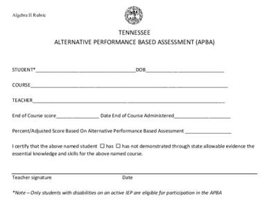 Algebra II Rubric   TENNESSEE  ALTERNATIVE PERFORMANCE BASED ASSESSMENT (APBA)   STUDENT*_____________________________________DOB_____________________________ 