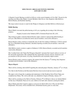 MINUTES OF A REGULAR COUNCIL MEETING JANUARY 19, 2010 A Regular Council Meeting was held at 6:00 p.m. in the council chambers of City Hall. Present for the meeting were Mayor Ray Marler, Council Members John Glover, Jody