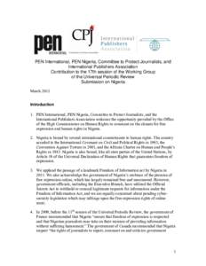 PEN International, PEN Nigeria, Committee to Protect Journalists, and International Publishers Association Contribution to the 17th session of the Working Group of the Universal Periodic Review Submission on Nigeria Marc