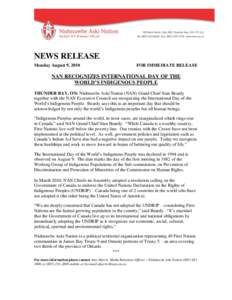 NEWS RELEASE Monday August 9, 2010 FOR IMMEDIATE RELEASE  NAN RECOGNIZES INTERNATIONAL DAY OF THE