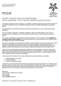 Cornish Constitutional Convention PO Box 7 Truro TR1 1WW Kernow www.senedhkernow.freeuk.com PRESS RELEASE 25th October 2006