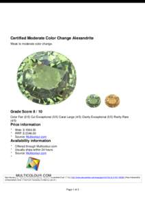 Certified Moderate Color Change Alexandrite Weak to moderate color change. Grade Score[removed]Color Fair[removed]Cut Exceptional[removed]Carat Large[removed]Clarity Exceptional[removed]Rarity Rare (4/5)