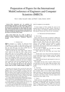 Preparation of Papers for the International MultiConference of Engineers and Computer Scientists (IMECS) First A. Author, Second B. Author, and Third C. Author, Member, IAENG  Abstract—These instructions give you guide
