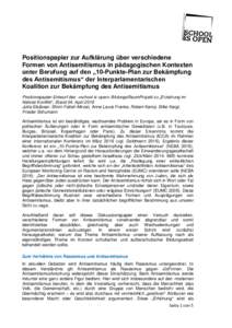 Positionspapier zur Aufklärung über verschiedene Formen von Antisemitismus in pädagogischen Kontexten unter Berufung auf den „10-Punkte-Plan zur Bekämpfung des Antisemitismus“ der Interparlamentarischen Koalition
