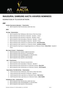 INAUGURAL SAMSUNG AACTA AWARDS NOMINEES NOMINATIONS BY TELEVISION NETWORK ABC Orchids: My Intersex Adventure - 1 Nomination • AACTA Award for Best Documentary Under One Hour