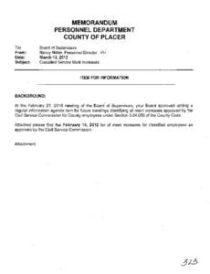 MEMORANDUM  PERSONNEL DEPARTMENT COUNTY OF PLACER To: From: