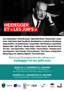 COLLOQUE  HEIDEGGER ET « LES JUIFS »  Avec : Babette Babich / Gérard Bensussan / Agatha Bielik-Robson / Barbara Cassin /Joseph