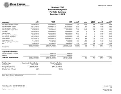 Missouri State Treasurer  Missouri FY13 Portfolio Management Portfolio Summary December 31, 2012