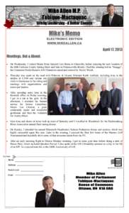 Mike Allen M.P. Tobique-Mactaquac Strong Leadership - A Better Canada Mike’s Memo ELECTRONIC EDITION