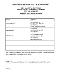 TOWNSHIP OF HAVELOCK-BELMONT-METHUEN 2014 MUNICIPAL ELECTIONS UNOFFICIAL LIST OF NOMINATIONS FILED FOR THE OFFICE OF COUNCILLOR – VILLAGE WARD