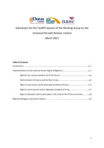 Submission for the Twelfth Session of the Working Group on the Universal Periodic Review: Ireland March 2011 Table of Contents Introduction2 ...............................................................................