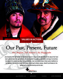 VALUES IN ACTION  Our Past, Present, Future Haa Shagóon | Íitl’ Kuníisii | Na Hlagigyadm Joe Zuboff is the clan leader for the Raven House in Angoon. His role reflects the values that have been passed down for gener