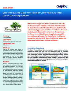 CASE STUDY  City of Thousand Oaks Wins “Best of California” Award for Green Cloud Applications  Industry