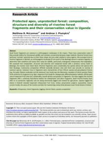 Mongabay.com Open Access Journal - Tropical Conservation Science Vol.5 (1):79-103, 2012  Research Article Protected apes, unprotected forest: composition, structure and diversity of riverine forest fragments and their co