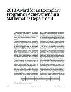 2013 Award for an Exemplary Program or Achievement in a Mathematics Department The recipient of the 2013 Award for an Exemplary Program or Achievement in a Mathematics Department is the Department of Mathematics