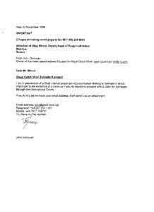 Wed 29 November 2006 IMPORTANT 2 Pages including cover page to fax6001 Attention of Oleg Mitvol, Deputy Head of Rosprirodnadzor Moscow Russia