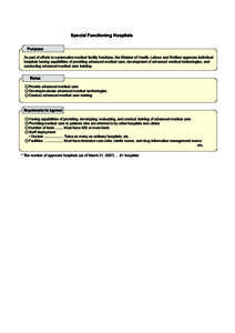 Special Functioning Hospitals Purpose As part of efforts to systematize medical facility functions, the Minister of Health, Labour and Welfare approves individual hospitals having capabilities of providing advanced medic