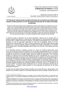 Tribunal de Justicia de la Unión Europea COMUNICADO DE PRENSA nº Luxemburgo, 6 de octubre de 2015 Prensa e Información