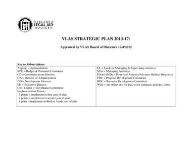 VLAS STRATEGIC PLAN[removed]: Approved by VLAS Board of Directors[removed]Key to Abbreviations: Approp. = Appropriations BPC = Budget & Personnel Committee