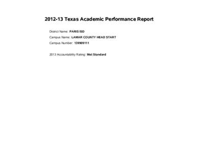 Texas Academic Performance Report District Name: PARIS ISD Campus Name: LAMAR COUNTY HEAD START Campus Number: Accountability Rating: Met Standard