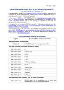 BoR PC04[removed]Public consultation on the draft BEREC Work Programme 2011 Run from 8 October to 5 November 2010 In compliance with Article[removed]of Regulation (EC[removed]2009the Board of Regulators has to approve the a