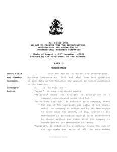 No. 45 of 2000 AN ACT TO PROVIDE FOR THE INCORPORATION, REGISTRATION AND OPERATION OF INTERNATIONAL BUSINESS COMPANIES [Date of Assent - 29th December, 2000] Enacted by the Parliament of The Bahamas.