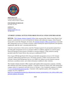 PRESS RELEASE Colorado Department of Law Attorney General John W. Suthers FOR IMMEDIATE RELEASE December 20, 2012 CONTACT