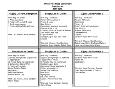 Whitesville Road Elementary Supply List[removed]Supply List for Kindergarten Book Bag - no wheels 4 White glue sticks