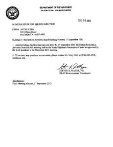 McClellan Air Force Base (AFB) Restoration Advisory Board (RAB) Meeting Minutes, FINAL September 17, [removed]McClellan, California Time: 6:30 PM Place: North Highlands Recreation Center