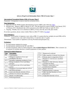 Adverse Drug Event Information Sheet: INR of Greater than 5 International Normalized Ration (INR) of Greater Than 5 Parameters: All inpatients except as noted by exclusions below. Data Submission: 1. Input data into the 