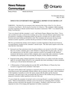 News Release Communiqué Ministry of Finance Ministère des Finances