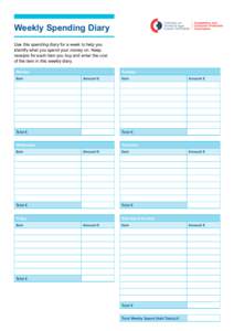 Weekly Spending Diary Use this spending diary for a week to help you identify what you spend your money on. Keep receipts for each item you buy and enter the cost of the item in this weekly diary. Monday