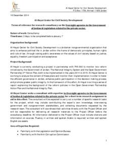 18 December[removed]Al Hayat Center for Civil Society Development P.O. Box: 1700, Amman[removed]Jordan  Al-Hayat Center for Civil Society Development