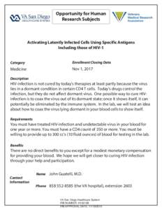 Opportunity for Human Research Subjects Activating Latently Infected Cells Using Specific Antigens Including those of HIV-1